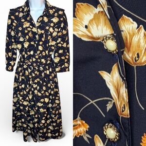 Breli Originals Vintage 80s Navy Gold Floral Midi Dress Belted Pearl Buttons 12